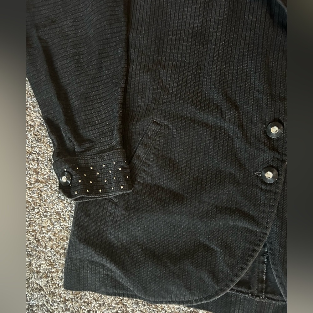 5/$25 Vintage Opal by Lorraine Wardy black pinstriped denim jacket size medium - Picture 6 of 13